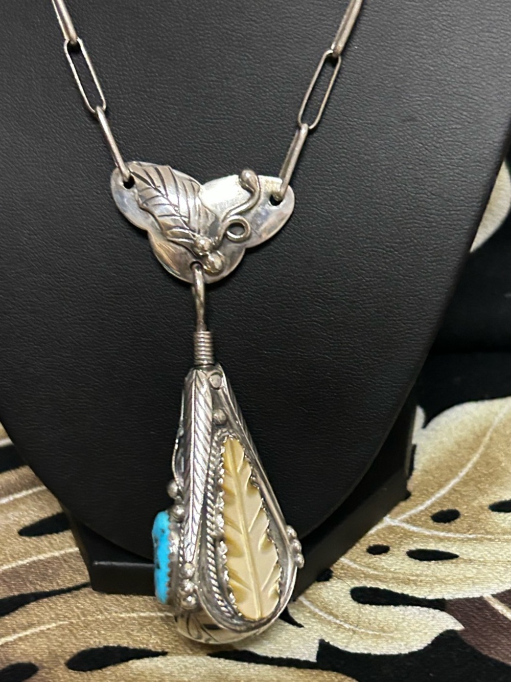 Artisan Juan Pedro Garcia sterling silver swiveling coral turquoise MOP Necklace - Picture 7 of 16